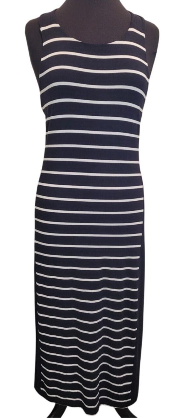 Athleta Getaway Midi Dress M Black White Stripe Crossback Travel Coastal